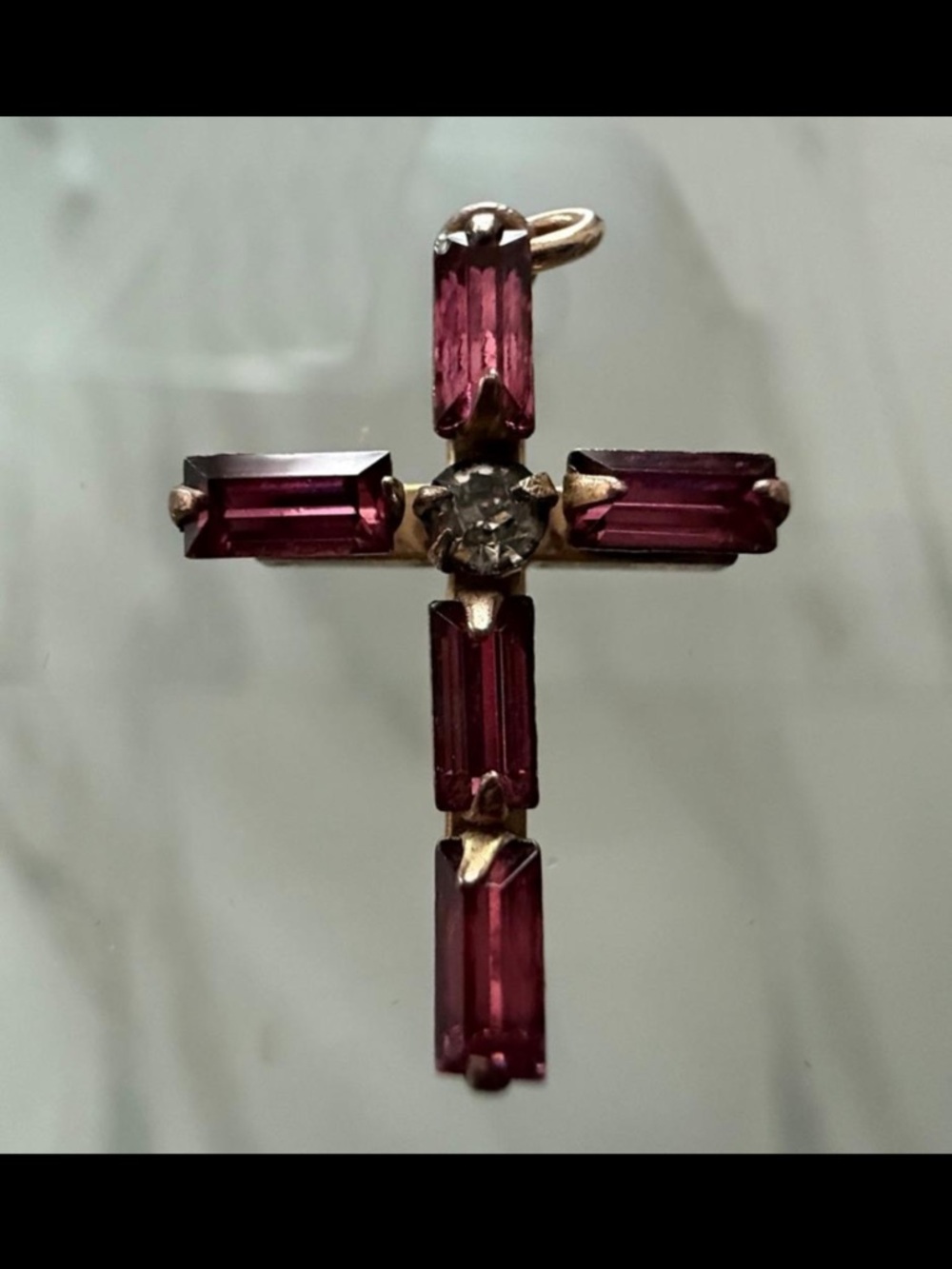 Gold Filled Elbaite Tourmaline Baguette & Rhinestone Cross Pendant Necklace VTG